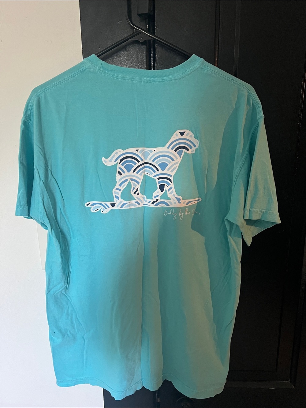 Buddy by the Sea Aqua Short-Sleeve Tee with Surfing Dog Motif